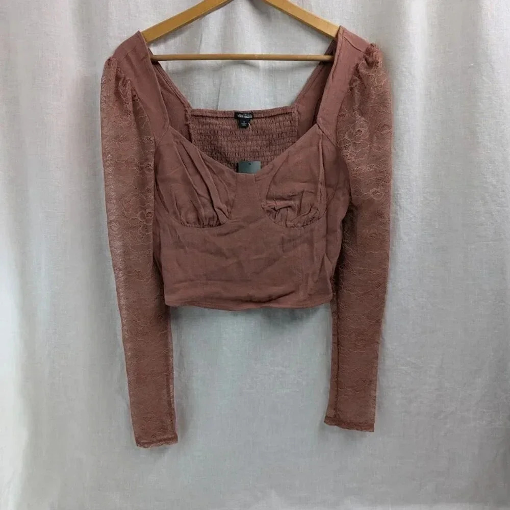 Wild Fable lace crop top, fitted, mauve brown, women's size medium  NWT T28